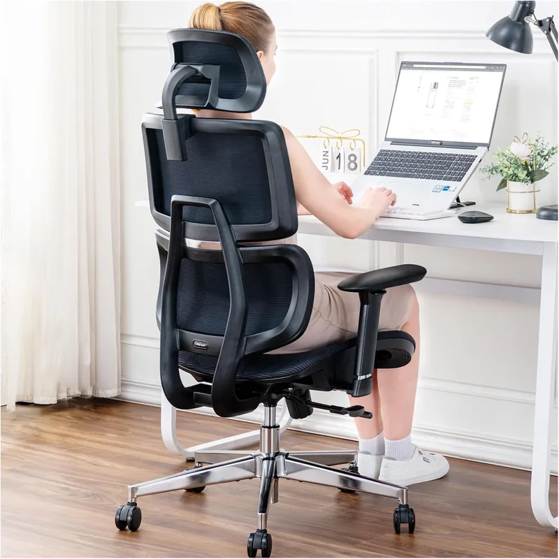 TONFARY ▫️ Cadeira de escritório ergonómica com apoio lombar, encosto e assento em malha respirável, braços e apoio para a cabeça ajustáveis, giratória e reclinável, grande e resistente até 150 kg