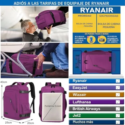 WENIG ▫️ Mochila de viagem de cabine de avião 40x20x25 para a Ryanair – Mochilas e malas de cabine Ryanair – Mochila de viagem – Bagagem de mão – Mochila feminina – Mochila para portátil com porta USB para o trabalho e a escola – Roxa 2