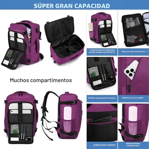 WENIG ▫️ Mochila de viagem de cabine de avião 40x20x25 para a Ryanair – Mochilas e malas de cabine Ryanair – Mochila de viagem – Bagagem de mão – Mochila feminina – Mochila para portátil com porta USB para o trabalho e a escola – Roxa 3