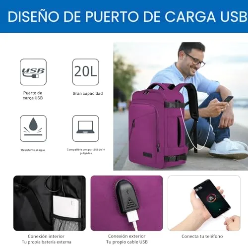 WENIG ▫️ Mochila de viagem de cabine de avião 40x20x25 para a Ryanair – Mochilas e malas de cabine Ryanair – Mochila de viagem – Bagagem de mão – Mochila feminina – Mochila para portátil com porta USB para o trabalho e a escola – Roxa 5