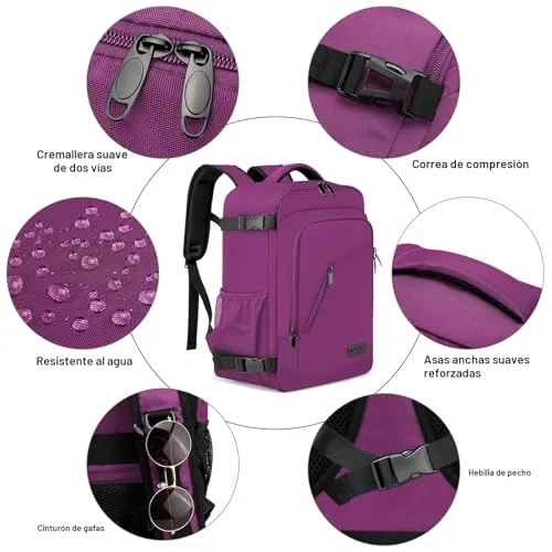 WENIG ▫️ Mochila de viagem de cabine de avião 40x20x25 para a Ryanair – Mochilas e malas de cabine Ryanair – Mochila de viagem – Bagagem de mão – Mochila feminina – Mochila para portátil com porta USB para o trabalho e a escola – Roxa 6