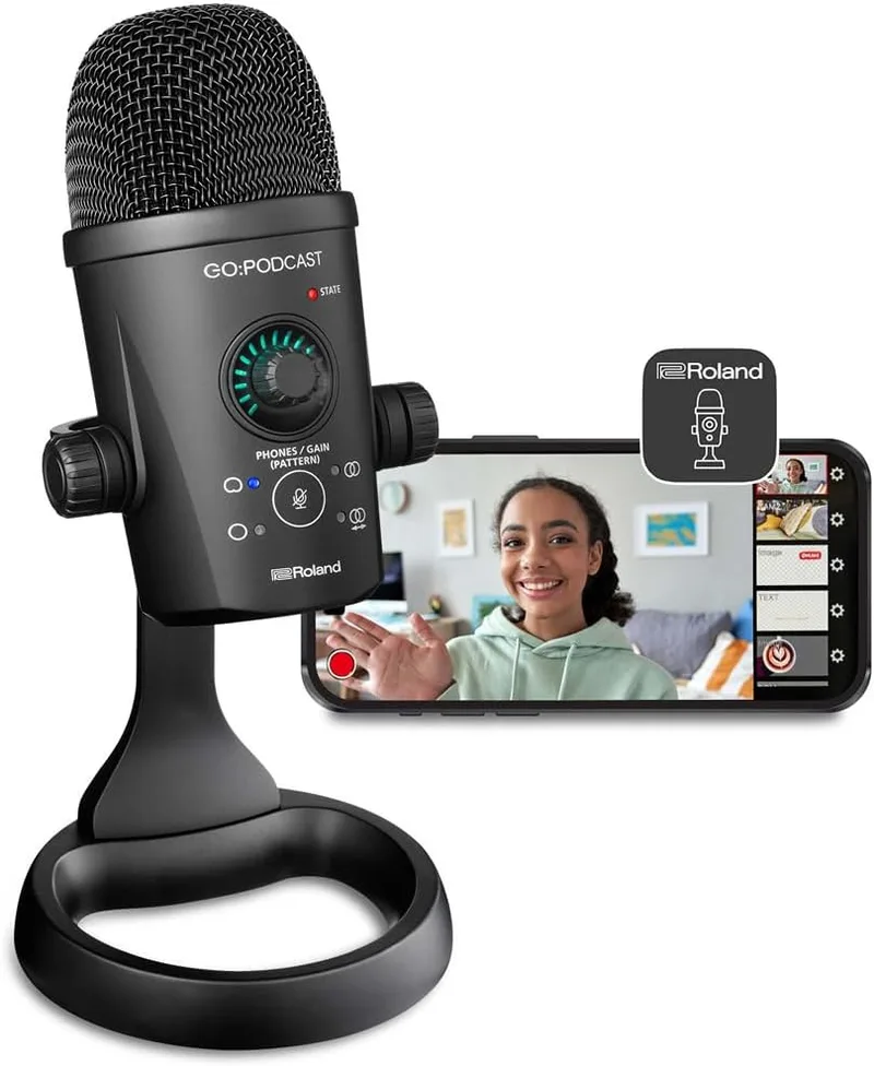 Roland ▫️ Estúdio de podcasting de vídeo para smartphones GO:Podcast | Sistema simples de transmissão ao vivo para podcasters, videobloggers e muito mais | Aplicação de vídeo intuitiva | Microfone USB