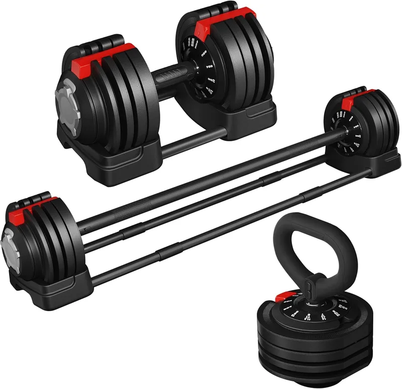 Yaheetech ▫️ Kit de halteres ajustáveis 3 em 1 Halteres e halteres Ajuste rápido de 1,5-18kg/3 a 24kg/2-40kg com 3 modos Halteres e Kettlebell e Barbell para ginásio doméstico de fitness