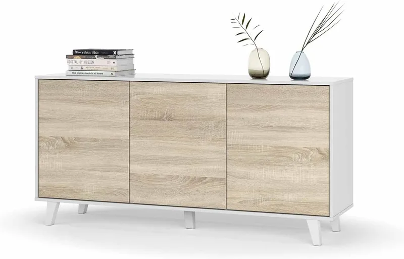 amuéblate online ▫️ Aparador, Sala de Jantar, 3 portas, Modelo Bora, Acabamento em Branco Brilhante e Carvalho Canadiano, Dimensões: 154 cm (Largura) x 75 cm (Altura) x 41 cm (Profundidade)