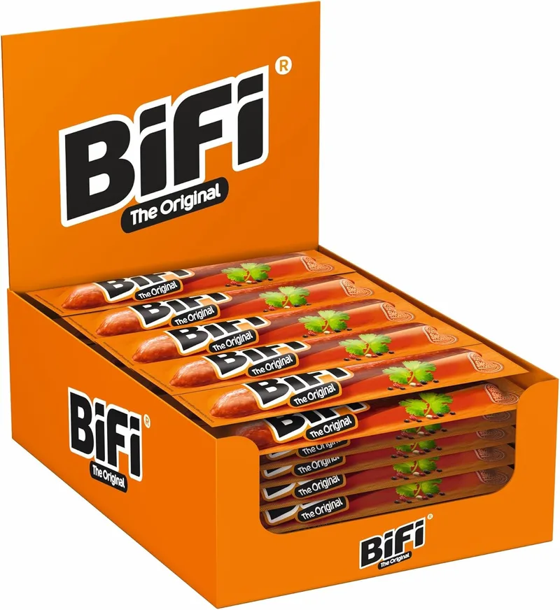 Bifi ▫️ Original Salami strips, embalagem de 40, 40 x 20 g, salsicha seca para comer em viagem, ao ar livre, pimenta, coentros e alho, caixa de snacks ideal