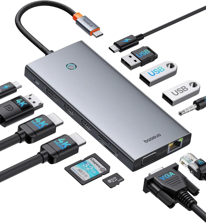 Baseus ▫️ 【Chip otimizado】 Docking Station USB-C para 3 monitores, hub 13 em 1, 2 portas HDMI, 1 porta DisplayPort 4K a 60 Hz, VGA, USB 3.1 a 10 Gbps, PD 100 W, Ethernet para portátil