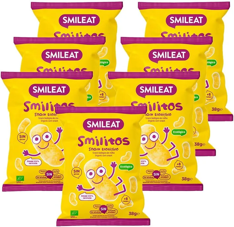 SMILEAT EAT & SMILE ▫️ Smileat - Pack de 7 Smilitos Snack - Sabor Milho - Lanche divertido para crianças a partir dos 8 meses - 38g