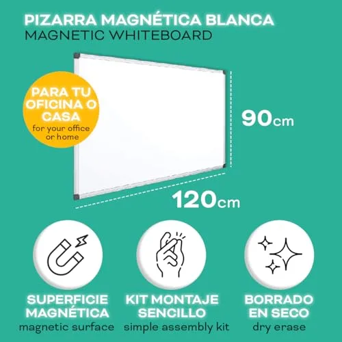 OFITURIA ▫️ Quadro Magnético Branco, Quadro com Moldura de Alumínio, Superfície Lisa e Fácil de Apagar, Quadro para Tomar Notas, Desenhar, Ensinar ou Organizar, Ferramenta para o Escritório e a Escola - (120x90) 2