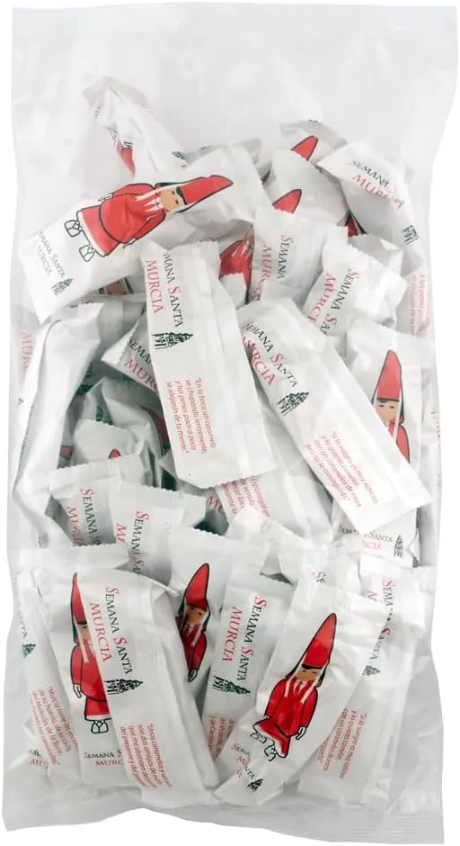 Caramelos Cerdán ▫️ Chupa-chupa de cereja da Semana Santa de Múrcia, Nazarenos Vermelho | 50 unidades | Lembrança de Múrcia | Catedral de Múrcia | Versos típicos de Múrcia | Caramelo redondo com palito, sem glúten nem alergénios