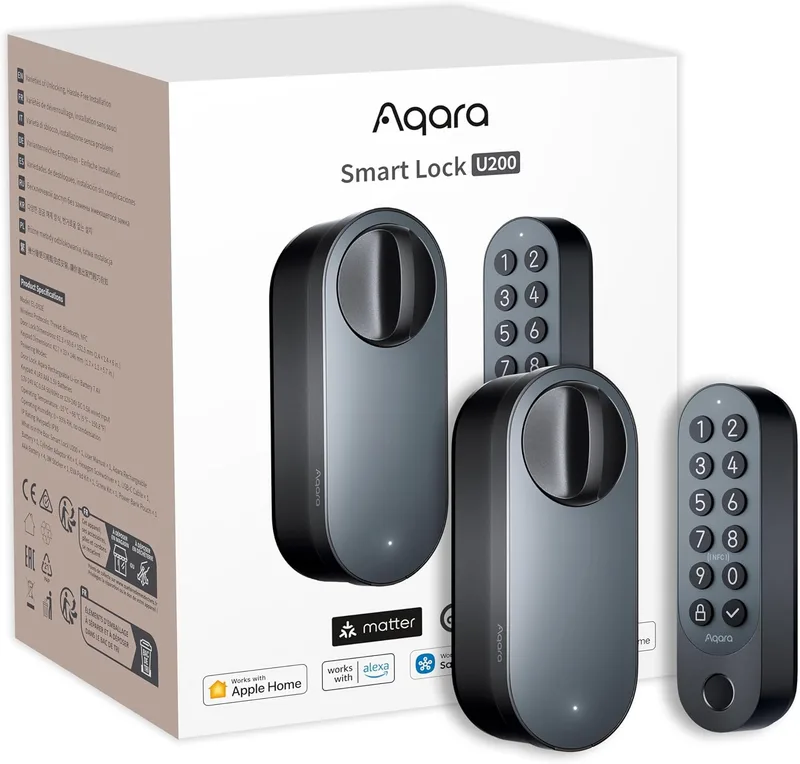 Aqara ▫️ Fechadura Inteligente U200 com Leitor de Impressões Digitais, Matter Over Thread, Fechadura Eletrónica Sem Chave com Apple Home Key e Bateria Recarregável, Compatível com Apple Home e Google Alexa, Preto