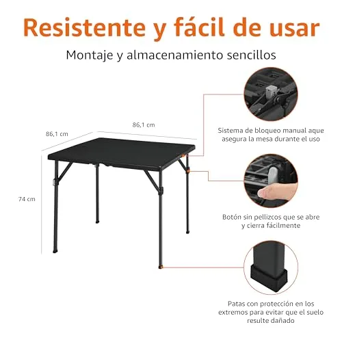 Amazon Basics ▫️ Mesa de jantar quadrada dobrável com alça de transporte, para interior e exterior, portátil, leve, ideal para viagens, piqueniques e acampamentos, preta, 86,1 x 86,1 x 74 cm 2