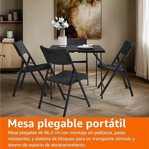 Amazon Basics ▫️ Mesa de jantar quadrada dobrável com alça de transporte, para interior e exterior, portátil, leve, ideal para viagens, piqueniques e acampamentos, preta, 86,1 x 86,1 x 74 cm 6