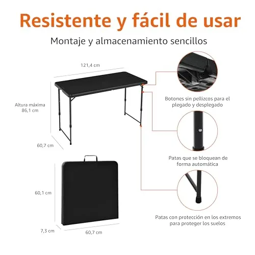 Amazon Basics ▫️ Mesa retangular dobrável de 1,2 m, 4 posições de altura, alça de transporte, para uso interior e exterior, portátil, leve, ideal para viagens, piqueniques e acampamentos, preto desbotado, 121,4 x 60,7 x 86,1 cm 2