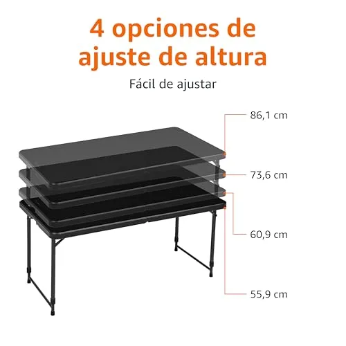 Amazon Basics ▫️ Mesa retangular dobrável de 1,2 m, 4 posições de altura, alça de transporte, para uso interior e exterior, portátil, leve, ideal para viagens, piqueniques e acampamentos, preto desbotado, 121,4 x 60,7 x 86,1 cm 3