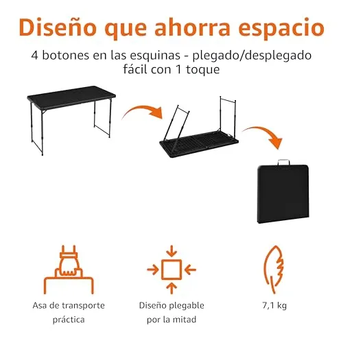 Amazon Basics ▫️ Mesa retangular dobrável de 1,2 m, 4 posições de altura, alça de transporte, para uso interior e exterior, portátil, leve, ideal para viagens, piqueniques e acampamentos, preto desbotado, 121,4 x 60,7 x 86,1 cm 4