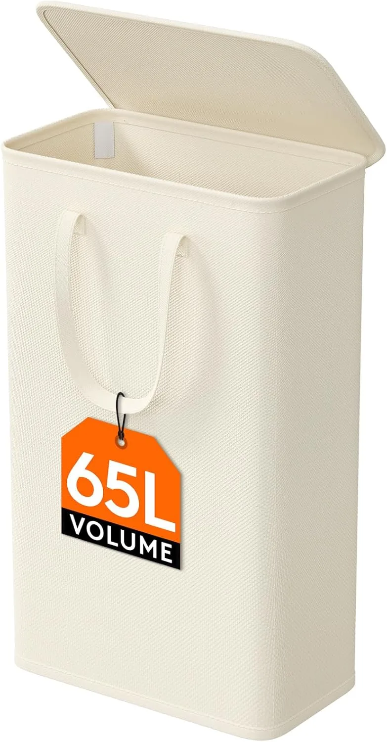 Lifewit ▫️ Cesto para Roupa Suja Estreito com Tampa, Cesto para Roupa Suja com Alças Estendidas, Cesto de Armazenamento, Cesto Pequeno e Dobrável para Roupa Suja para Casa de Banho, Quarto, Lavandaria, 65 L, Branco