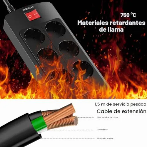 POWSAF ▫️ Extensão com porta USB-C, 6 tomadas, 3 portas USB-A e 1 porta USB-C, com interruptor, adequada para trabalhar a partir de casa - Preto. 3