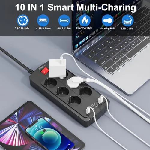 POWSAF ▫️ Extensão com porta USB-C, 6 tomadas, 3 portas USB-A e 1 porta USB-C, com interruptor, adequada para trabalhar a partir de casa - Preto. 4
