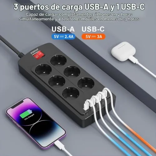 POWSAF ▫️ Extensão com porta USB-C, 6 tomadas, 3 portas USB-A e 1 porta USB-C, com interruptor, adequada para trabalhar a partir de casa - Preto. 5