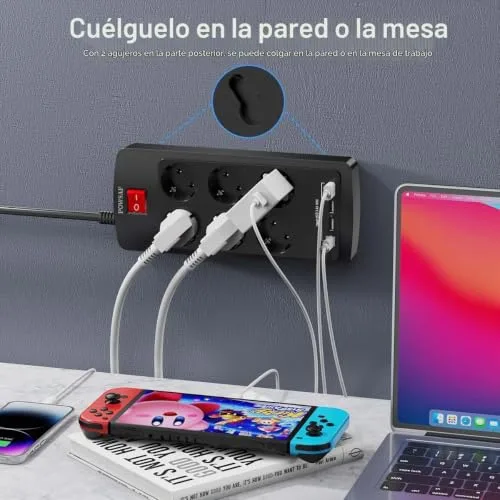 POWSAF ▫️ Extensão com porta USB-C, 6 tomadas, 3 portas USB-A e 1 porta USB-C, com interruptor, adequada para trabalhar a partir de casa - Preto. 6