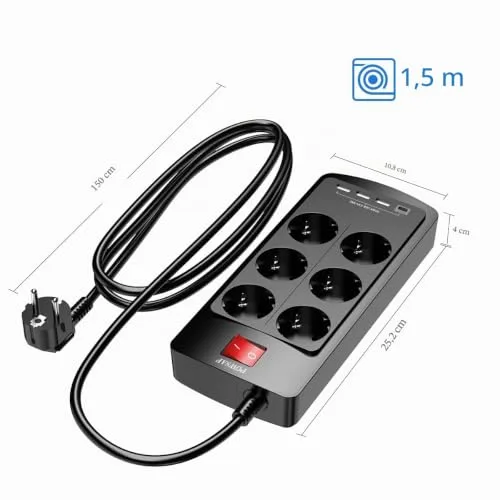 POWSAF ▫️ Extensão com porta USB-C, 6 tomadas, 3 portas USB-A e 1 porta USB-C, com interruptor, adequada para trabalhar a partir de casa - Preto. 7