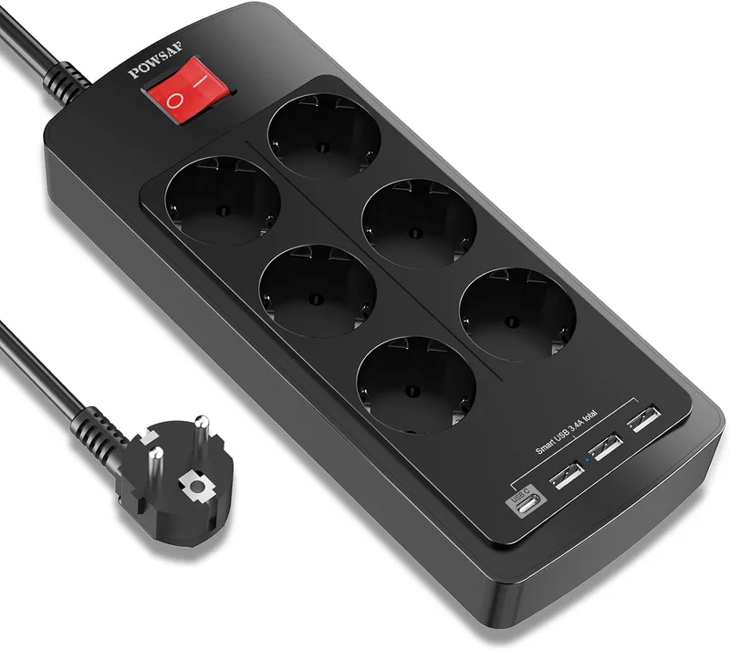 POWSAF ▫️ Extensão com porta USB-C, 6 tomadas, 3 portas USB-A e 1 porta USB-C, com interruptor, adequada para trabalhar a partir de casa - Preto.