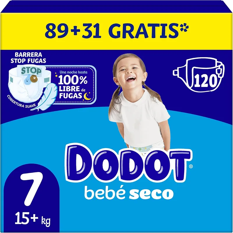 DODOT ▫️ Fraldas para Bebés «Seco» Tamanho 7 (15+ kg), 120 fraldas, Noite sem fugas