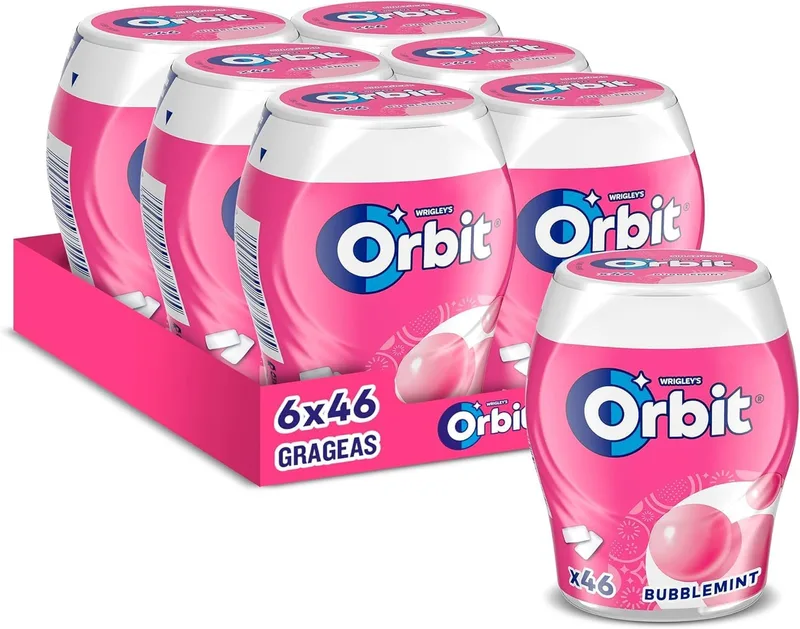Orbit ▫️ Pastilhas elásticas sem açúcar Bubblemint, formato de grageia, 6 embalagens x 46 unidades | Pastilhas elásticas sem açúcar com sabor a fruta e frescura intensa — ideais para churrascos, piqueniques e o regresso às aulas