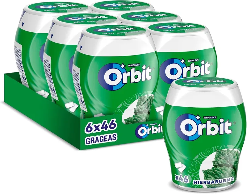 Orbit ▫️ Pastilhas Elásticas Sem Açúcar com Menta, Pastilhas, Embalagem de 6x46 unidades | Pastilhas elásticas sem açúcar com xilitol para um hálito fresco duradouro — ideais para churrascos, piqueniques e o regresso às aulas