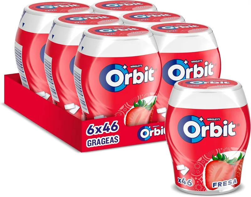 Orbit ▫️ Pastilhas elásticas sem açúcar, sabor a morango, em grageias, 6 embalagens de 46 unidades.