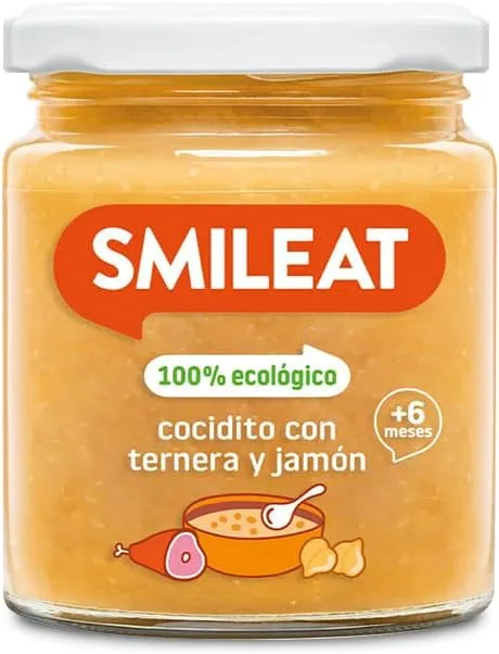 Smileat ▫️ Potinho infantil de guisado de vitela e presunto - para bebés a partir dos 6 meses - Sem adição de açúcar nem sal - Matérias-primas de qualidade. Textura suave e fácil de comer - 230 g