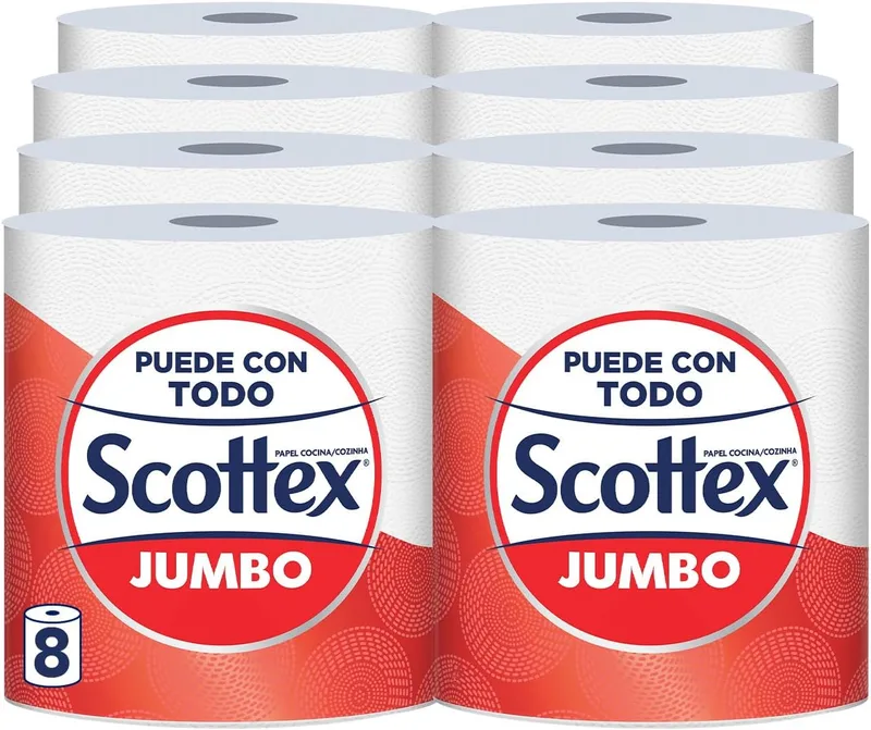 Scottex ▫️ Jumbo Papel de cozinha, 8 rolos, eficácia multifuncional com embalagem reciclável e fibras FSC