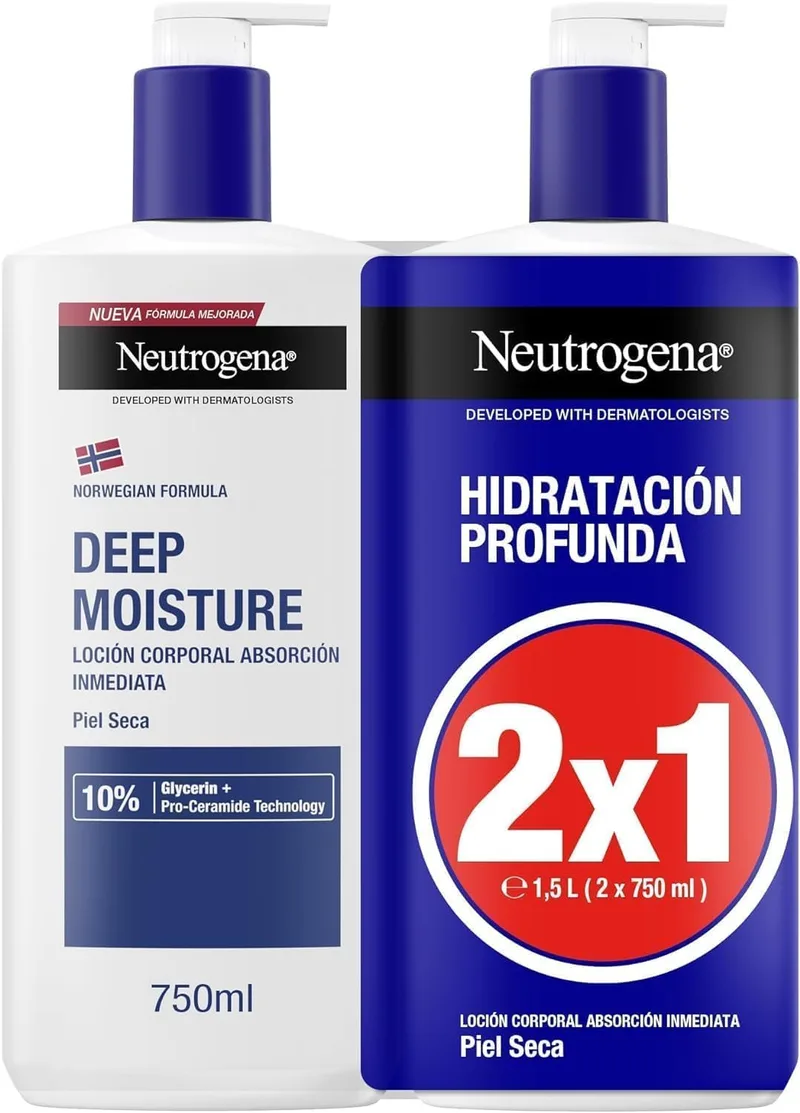 Neutrogena ▫️ Norwegian Formula Deep Moisture Immediate Absorption Body Lotion (2 X 750 ml), creme corporal hidratante para pele seca, creme hidratante com Pro-Ceramida e Glicerina