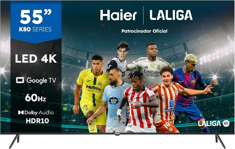 Haier ▫️ Diret LED 4K UHD H55K800UX - Smart TV de 55", Google TV, Dolby Audio e Dolby Vision, HDR 10, controlo remoto inteligente, Google Assistant, Bluetooth 5.1, DBX TV, HDMI 2.1 x 4, sem moldura, 2024