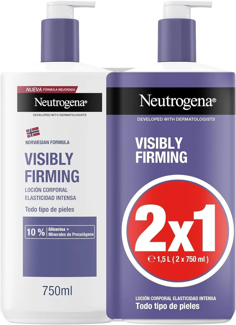 Neutrogena ▫️ Fórmula Norueguesa Loção Corporal Visivelmente Reafirmante (2x750 ml), creme reafirmante corporal para todos os tipos de pele, creme hidratante com glicerina e minerais de procolagénio