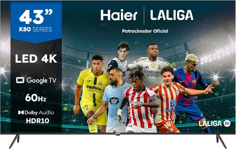 Haier ▫️ Diret LED 4K UHD H43K800UX - Smart TV de 43", Google TV, Dolby Audio e Dolby Vision, HDR 10, controlo remoto inteligente, Google Assistant, Bluetooth 5.1, DBX TV, HDMI 2.1 x 4, sem moldura, 2024