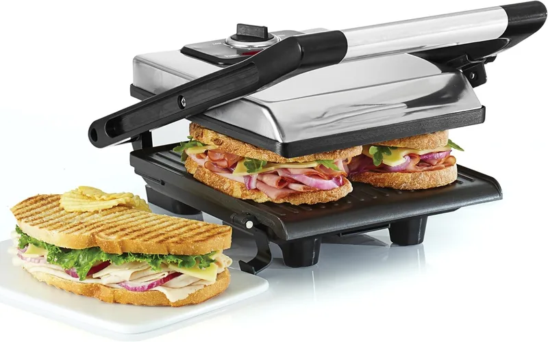 BELLA ▫️ Bela sanduicheira, prensa para paninis e grelhador elétrico com placas duplas antiaderentes, tampa com altura ajustável e tabuleiro coletor de gordura removível, aço inoxidável, 1400 watts