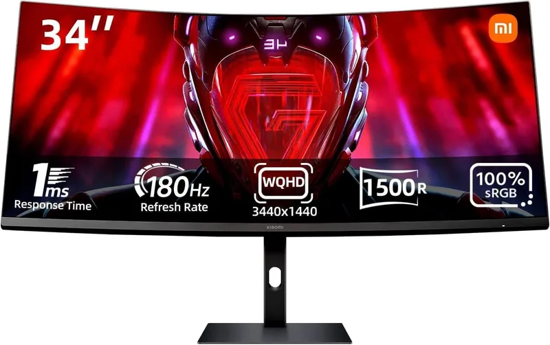 XIAOMI ▫️ Curved Gaming Monitor G34WQi - Monitor Gaming WQHD de 34" (3440 x 1440, 180 Hz, 1 ms, HDMI 2.0x2, porta DP1.4x2, proteção contra luz azul), preto (Versão EN)