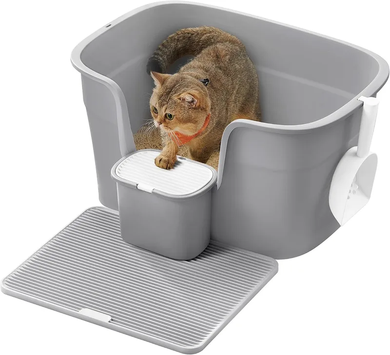Feandrea ▫️ Caixa de Areia para Gatos Grandes, Caixa de Areia Extragrande para Lares com Vários Gatos, Inclui Tabuleiro Recolhedor, Pá, Cinza Pomba PPT003G01