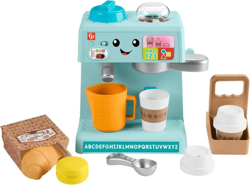 Fisher-Price ▫️ Brinquedo para crianças pequenas «My Barista» com níveis de aprendizagem e 10 peças, a partir dos 18 meses, versão multilingue, HYR98