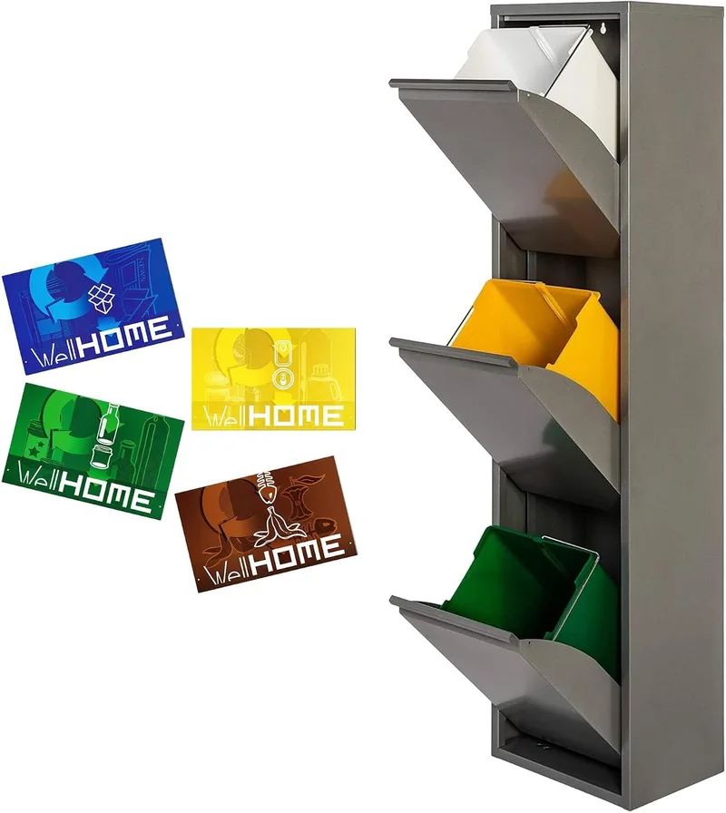 WELL HOME MOBILIARIO & DECORACIÓN ▫️ WELL HOME MOBILIÁRIO & DECORAÇÃO Caixote do lixo e reciclagem metálico com 3 compartimentos + 4 etiquetas magnéticas, 3x17 L (51 L) Cinza brilhante