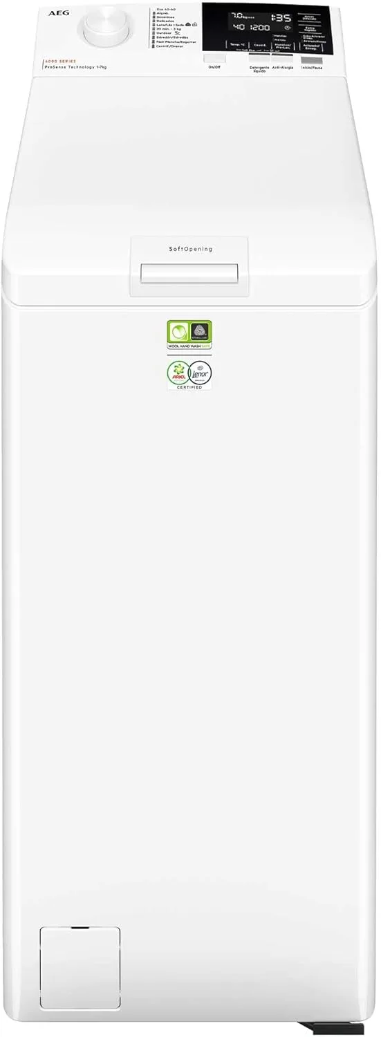 AEG LTA6G7331E, Máquina de lavar roupa de carga superior 7 kg, 1300 rpm, instalação gratuita, função Prosense, abertura suave, programa de poupança de tempo, gaveta LiquiSystem, ecrã LCD, série 6000, branco, classe A