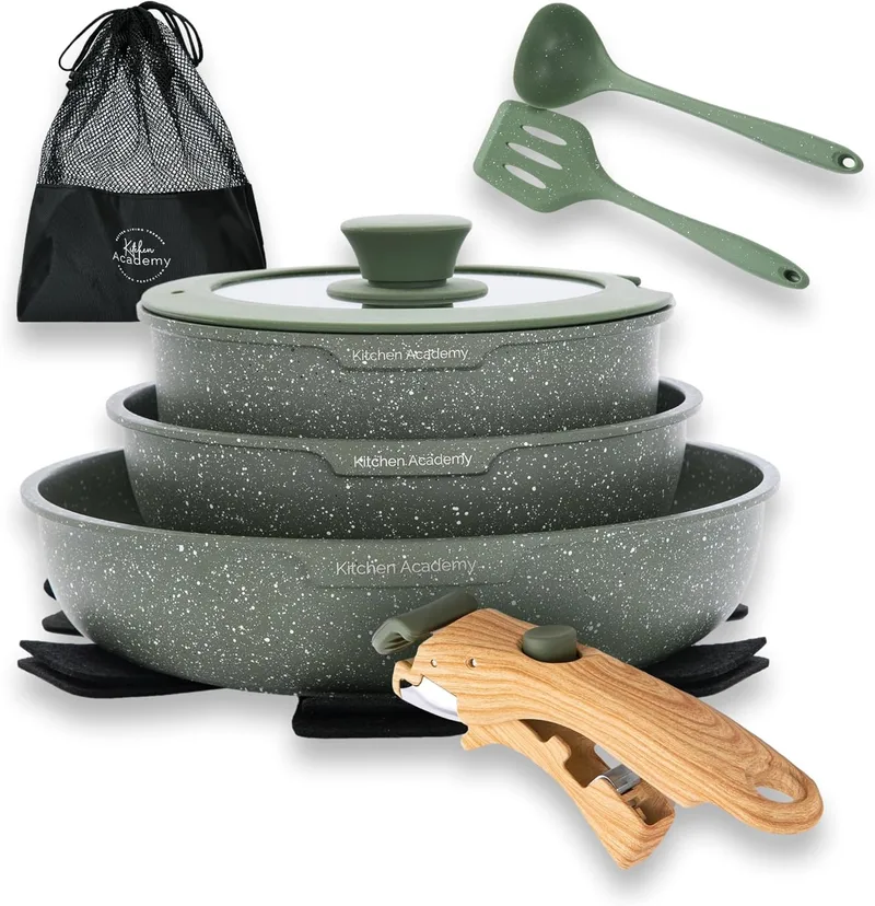 Kitchen Academy ▫️ Conjunto de frigideiras antiaderentes de 10 peças com cabo removível verde | Conjunto de cozinha com tampa de vidro, removível, com textura de mármore, adequado para indução, gás e micro-ondas