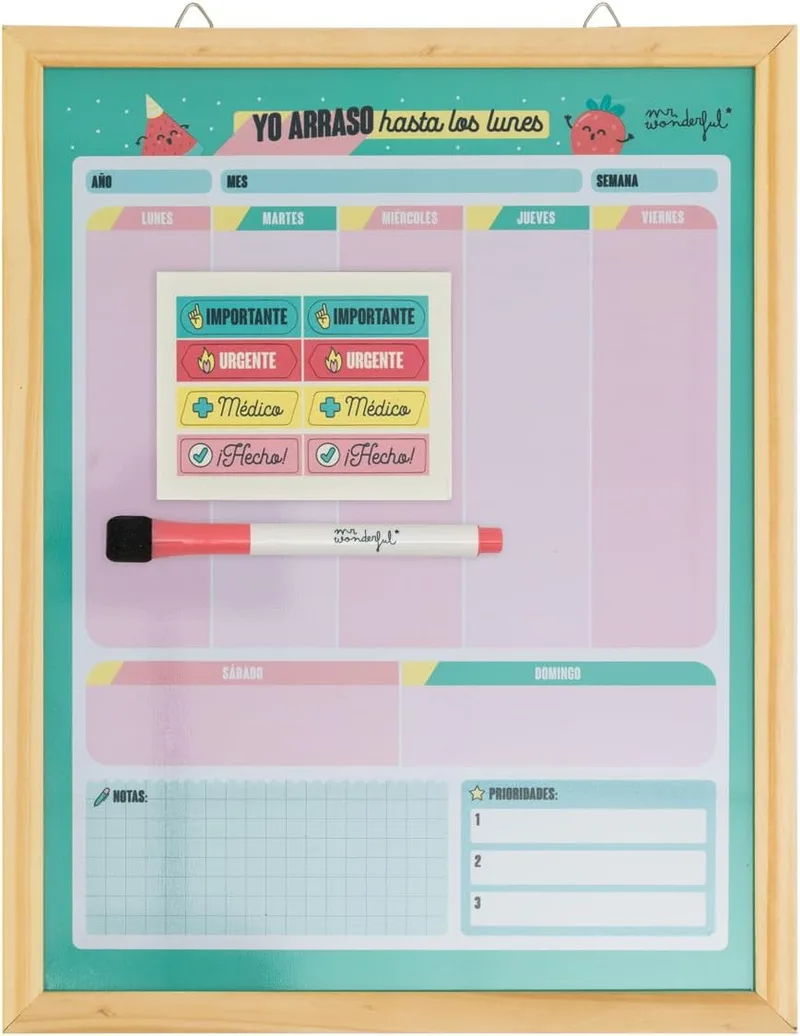 Mr. Wonderful ▫️ Agenda semanal magnética de quadro branco para pendurar na parede - Arraso até às segundas-feiras - Organizador semanal - Inclui marcador e ímanes coloridos