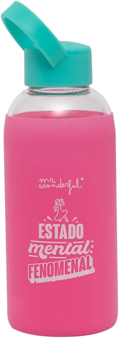 Mr. Wonderful ▫️ Garrafa - State of Mind: Phenomenal - Garrafa de vidro sem BPA com fita de silicone - Capacidade 470 ml