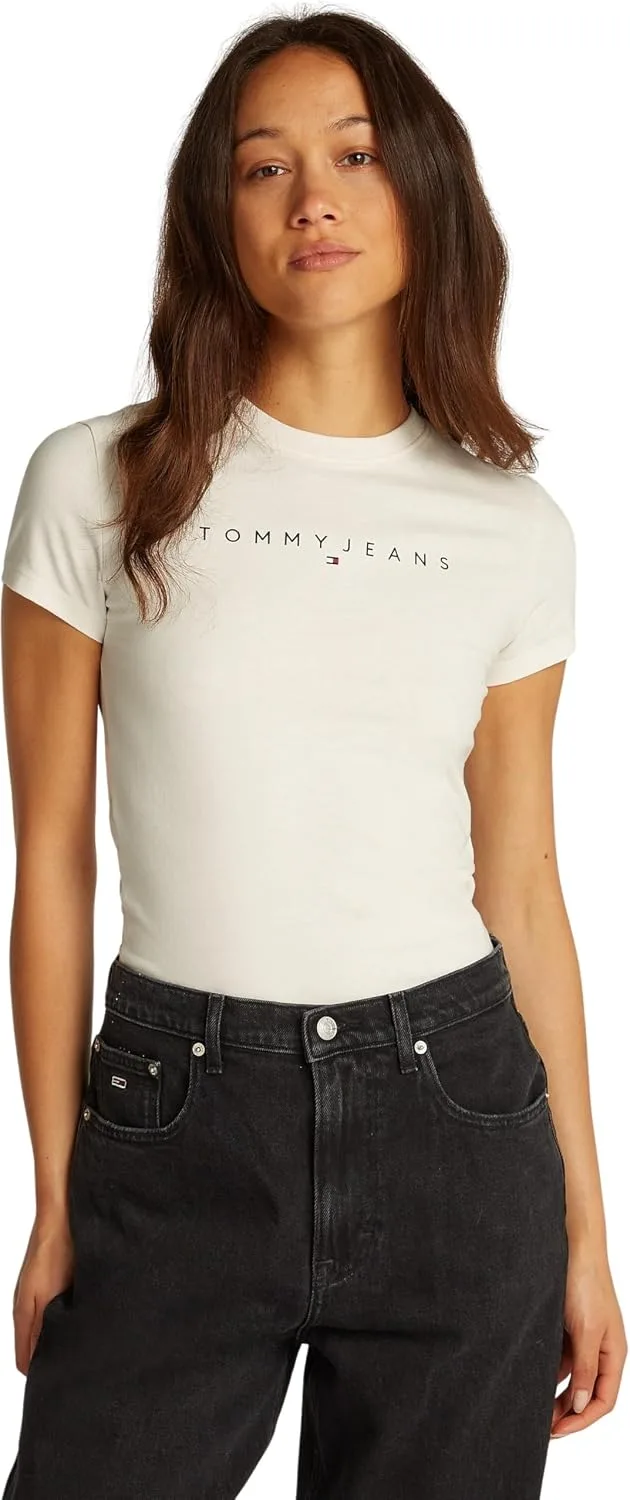 Tommy Jeans ▫️ Camiseta de manga curta para mulher, modelo Linear, corte justo