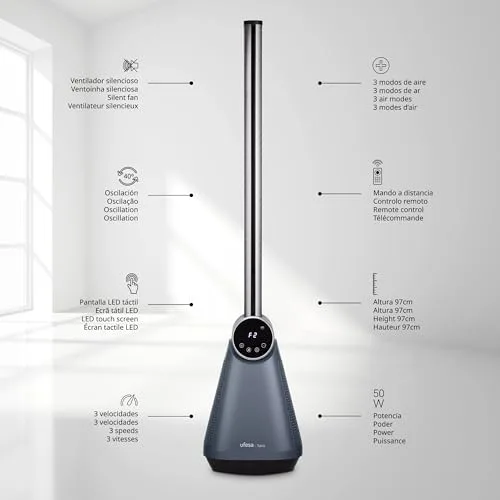 Ufesa ▫️ TK50 Ventilador de torre sem pás, silencioso, 50 W, 3 velocidades, 3 modos, comando à distância, 97 cm de altura, oscilação de 40º, temporizador, ecrã tátil LED 2
