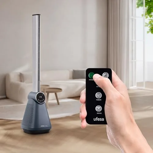 Ufesa ▫️ TK50 Ventilador de torre sem pás, silencioso, 50 W, 3 velocidades, 3 modos, comando à distância, 97 cm de altura, oscilação de 40º, temporizador, ecrã tátil LED 3
