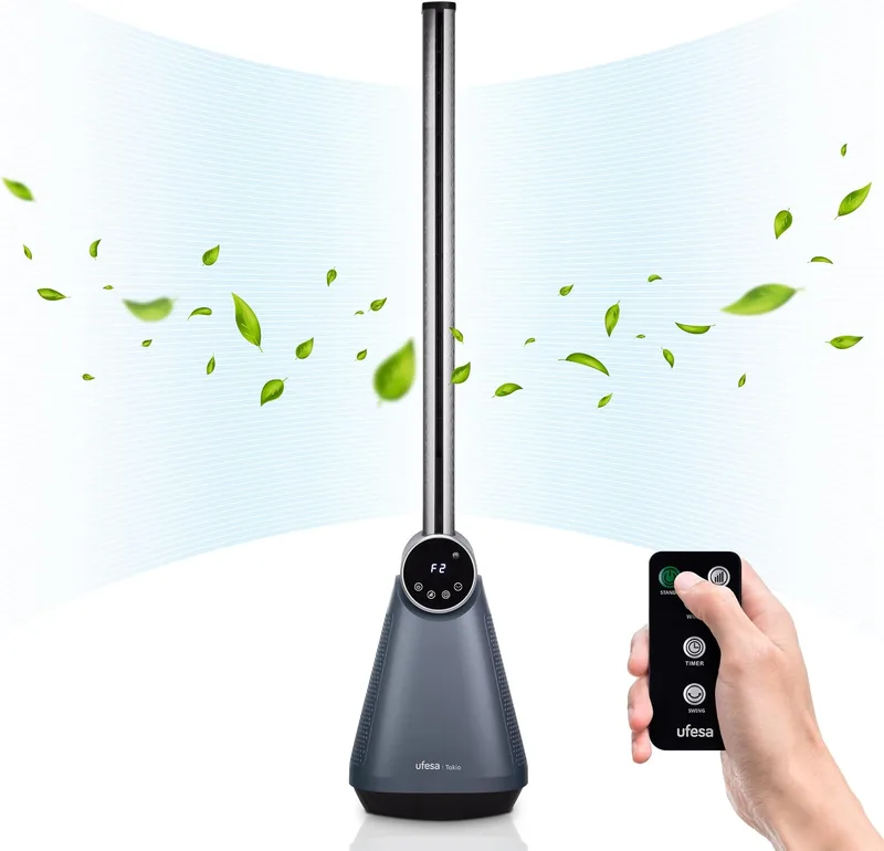 Ufesa ▫️ TK50 Ventilador de torre sem pás, silencioso, 50 W, 3 velocidades, 3 modos, comando à distância, 97 cm de altura, oscilação de 40º, temporizador, ecrã tátil LED