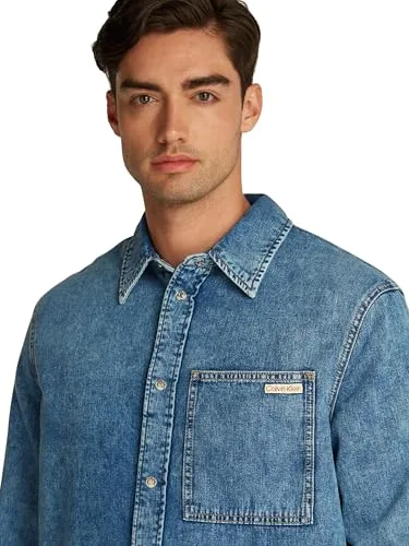 Calvin Klein ▫️ Camisa de ganga para homem, corte regular, com bolso no peito 3
